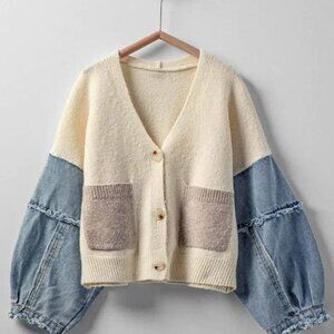 Denim Sleeve Knit Cardigan Casual Sweater Top OVERSIZED